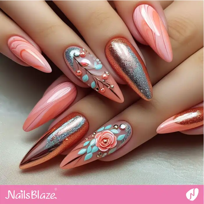 Floral Peach Fuzz Stiletto Nails | Color of the Year 2024 - NB1745